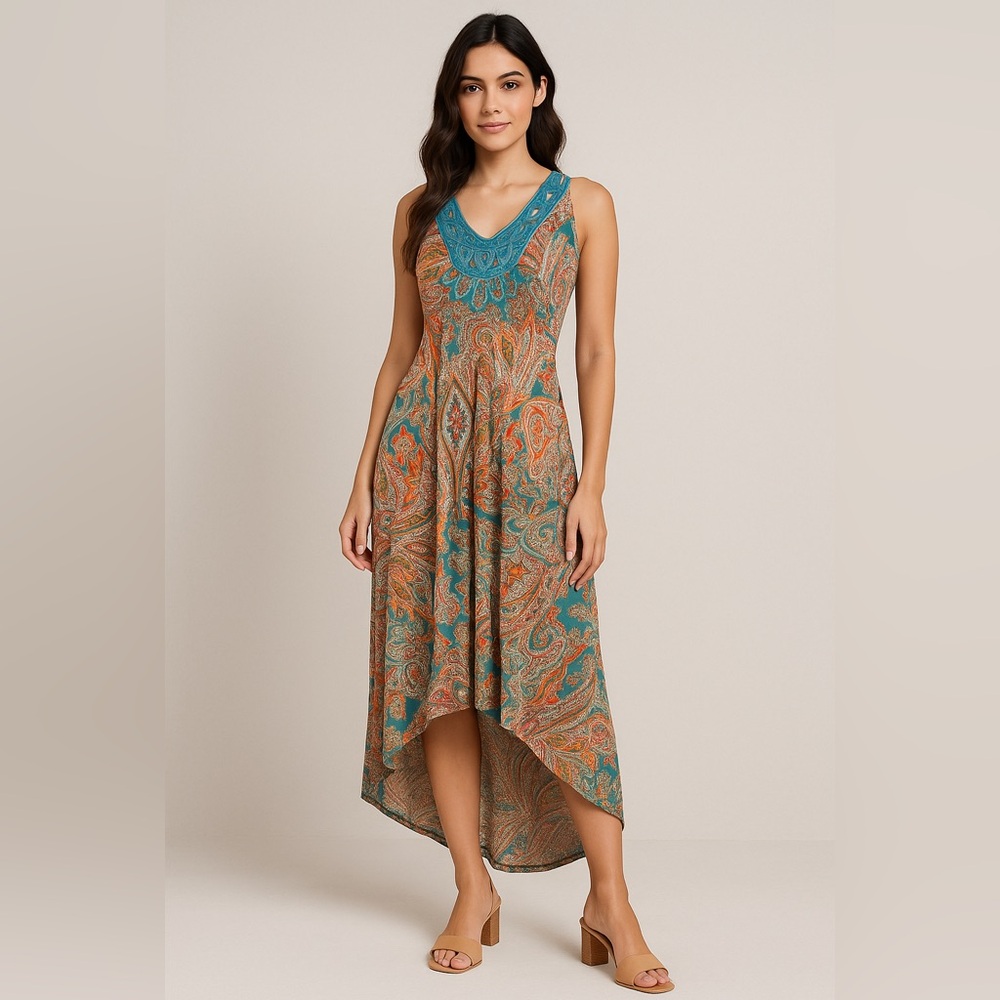 World Unity Boho Paisley Maxi Dress Teal Embroidered Neckline Size L